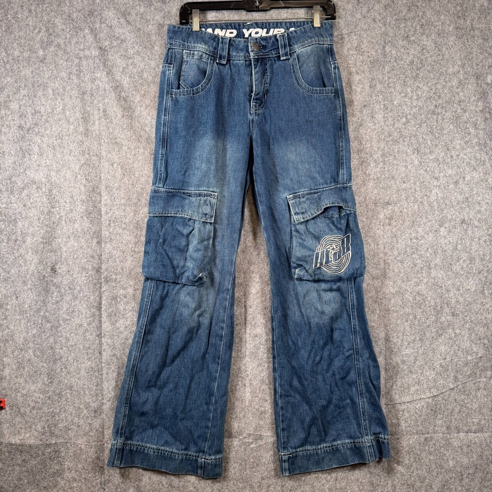 A.LAB Ether Blue Cargo Jeans Womens 0 Zero Low Rise Wide Leg Baggy Denim Punk